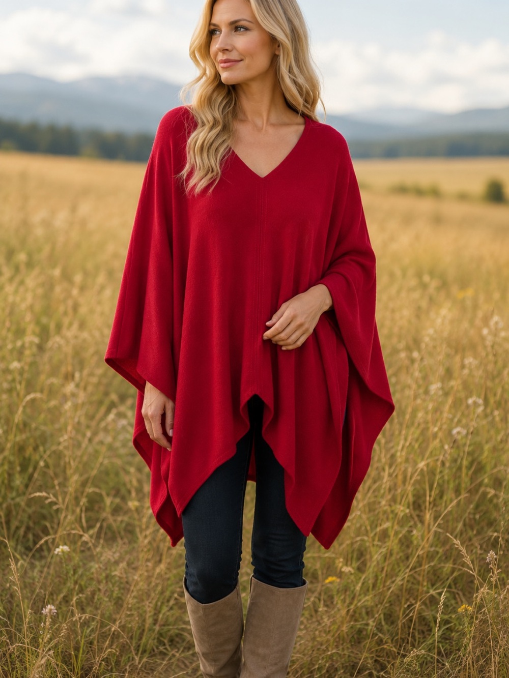 St. John Red Wool Blend Poncho Cape